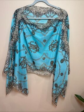 Embellished Scarf-Style Turquoise Poncho Topper